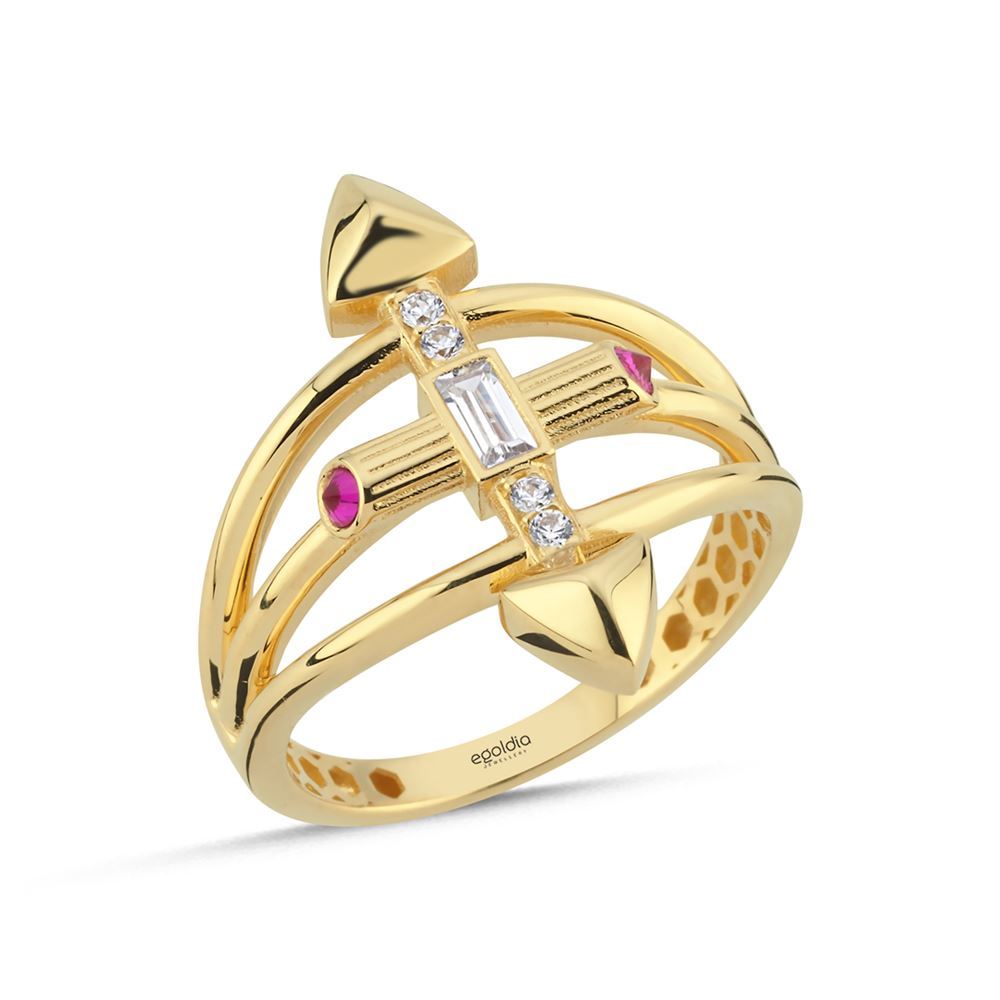 Tek Ok Tasarım Mavi Pembe Taşlı Yüzük