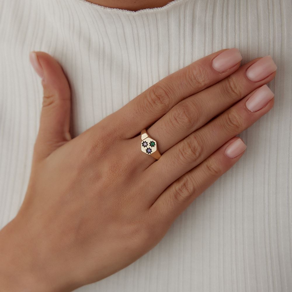 Altıgen Tasarım Mor Ve Yeşil Taşlı Yüzük