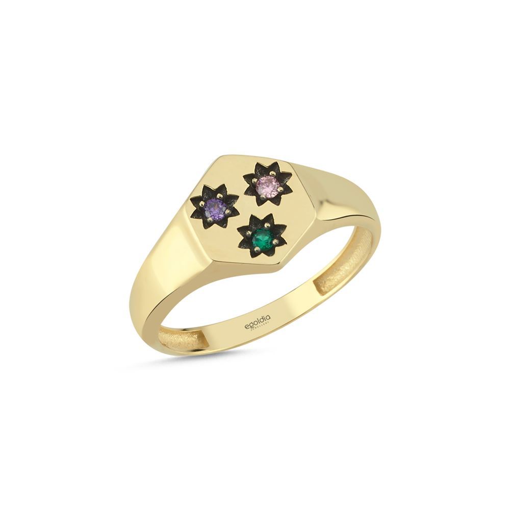 Altıgen Tasarım Mor Ve Yeşil Taşlı Yüzük