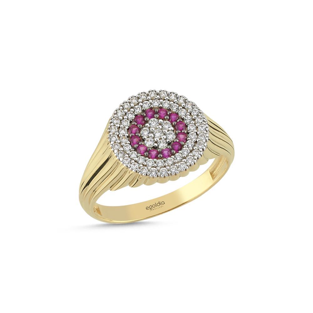 Oval Çizgi Tasarım Pembe Beyaz Taşlı Yüzük