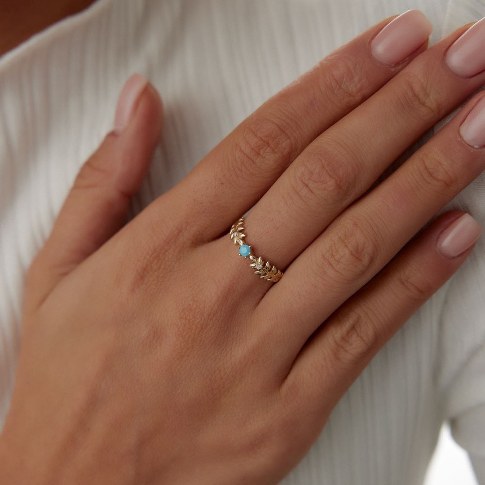 Yaprak Tasarım Turkuaz Mineli Yüzük