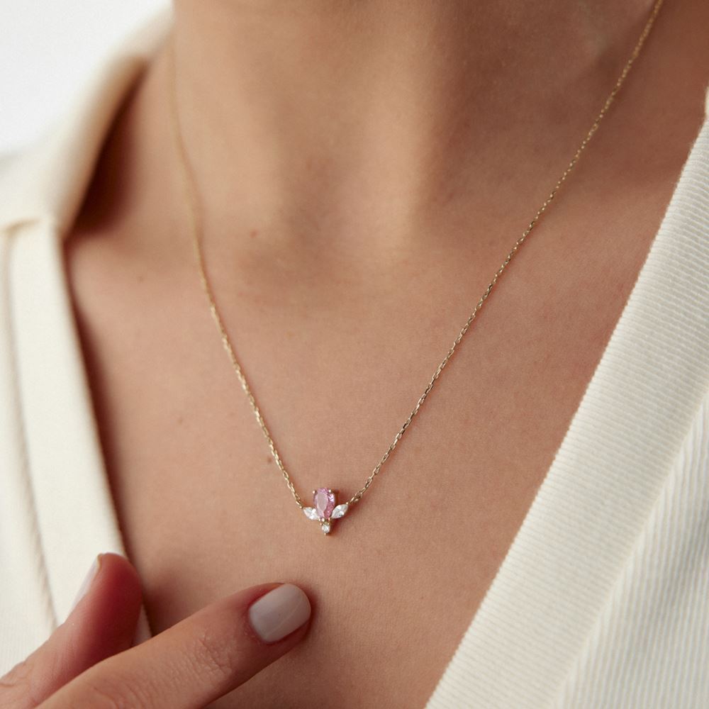 Pembe Baget Taşlı Kolye