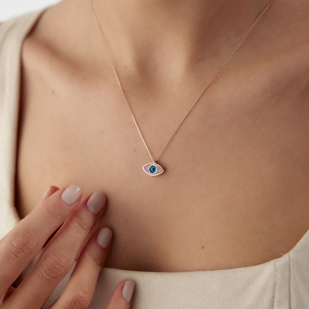 Pembe Gözlü Mineli Kolye