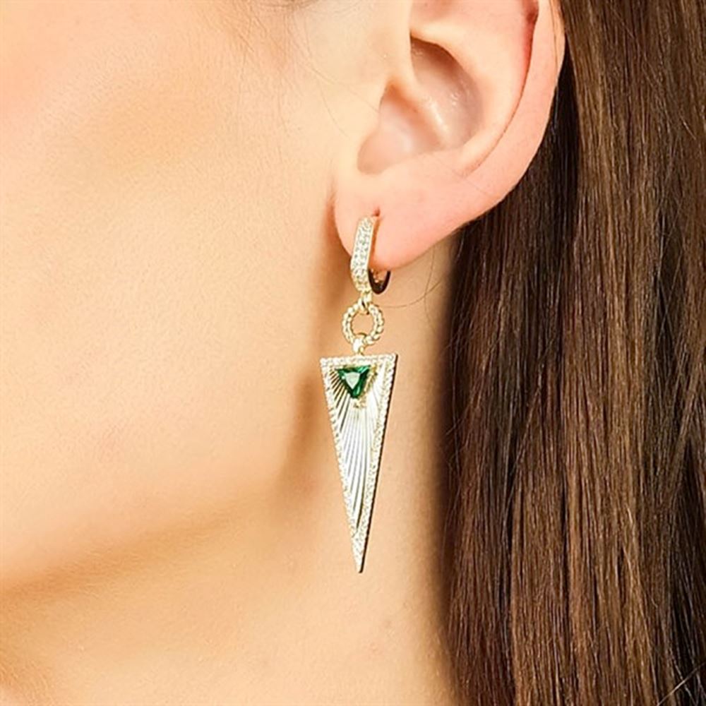 Zümrüt Taşlı Kalemli Üçgen Küpe