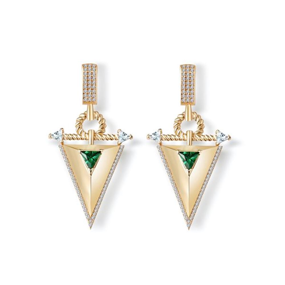 Zümrüt Taşlı Üçgen Sallantılı Altın Küpe