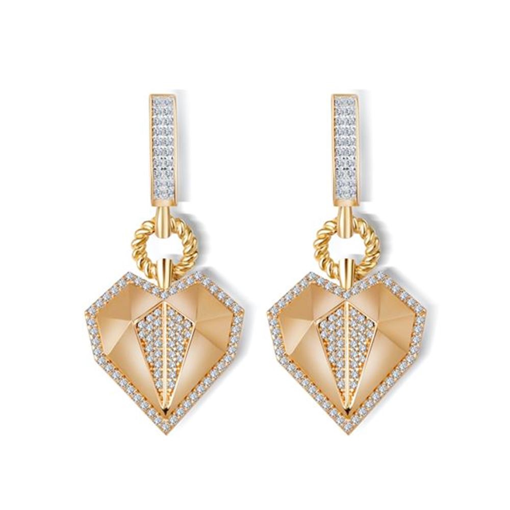 Taşlı Kalp Sallantılı Altın Küpe