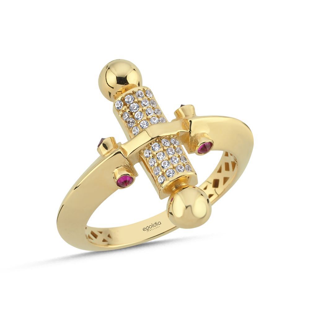 Oklava Tasarım Pembe Ve Baget Taşlı Yüzük