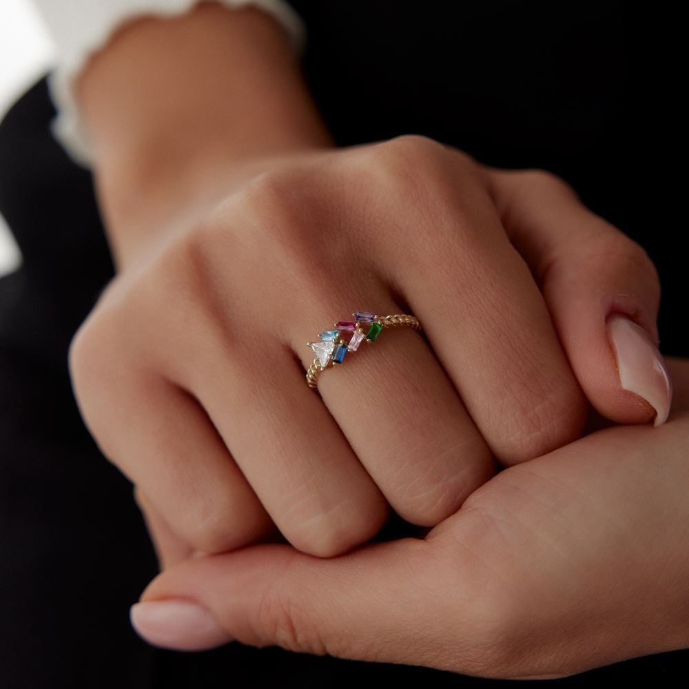 Renkli Taşlı Baget Yüzük
