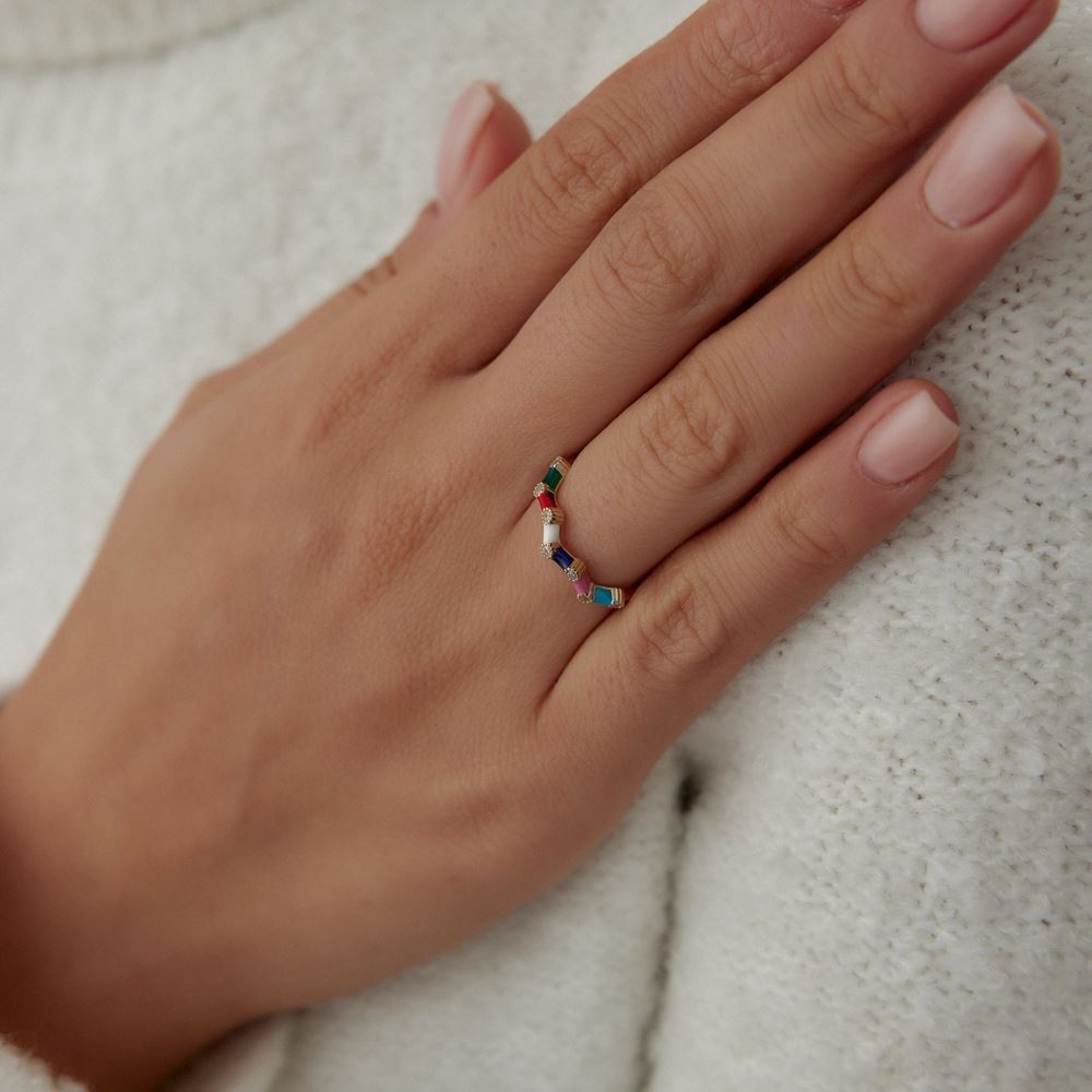 Renkli Çubuk Nokta Taşlı Tasarım Yüzük