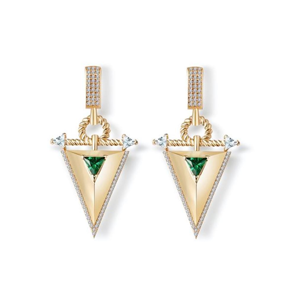 Zümrüt Taşlı Üçgen Sallantılı Altın Küpe