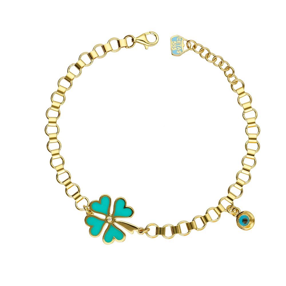 Sarı Altın Turkuaz Mineli Fortuna Yonca Bileklik