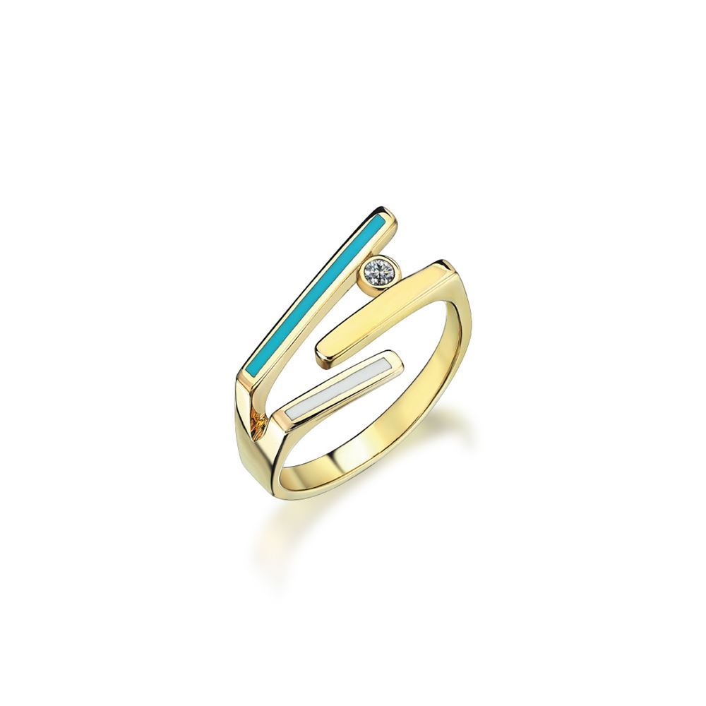 Sarı Altın Turkuaz-Beyaz Mineli Taşlı Minima Yüzük