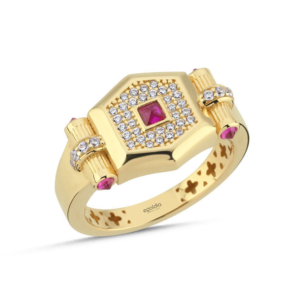 Altıgen Çubuk Tasarım Pembe Taşlı Yüzük