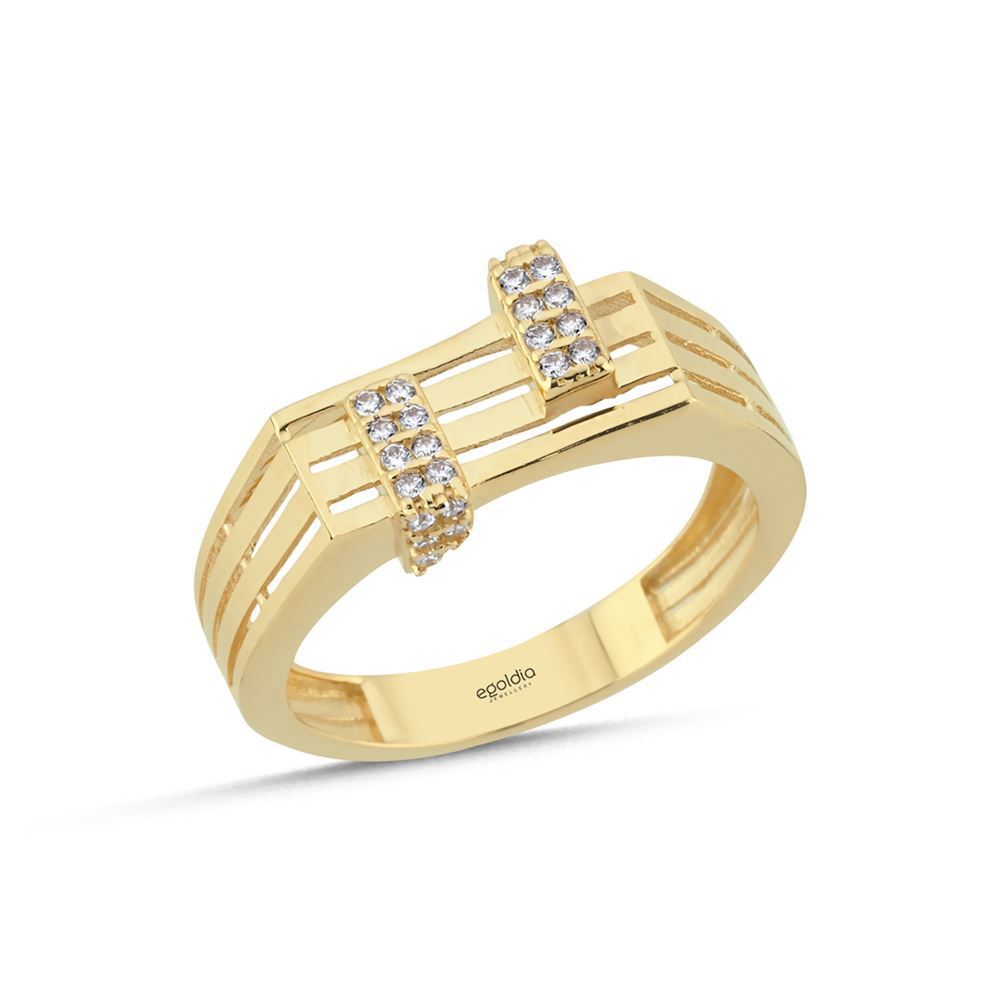 Dikdörtgen Çizgi Tasarım Baget Taşlı Yüzük