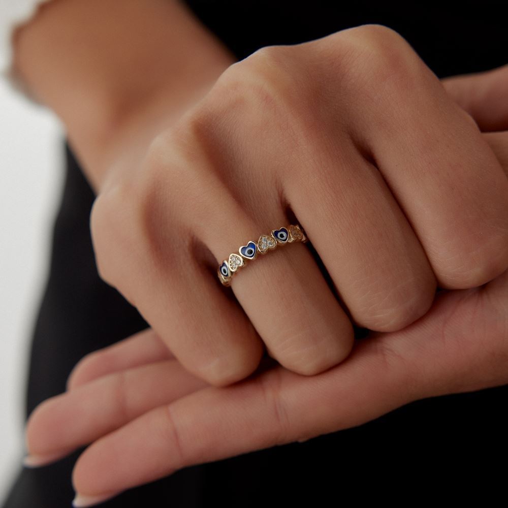 Nazar Gözlü Kalp Taşlı Yüzük