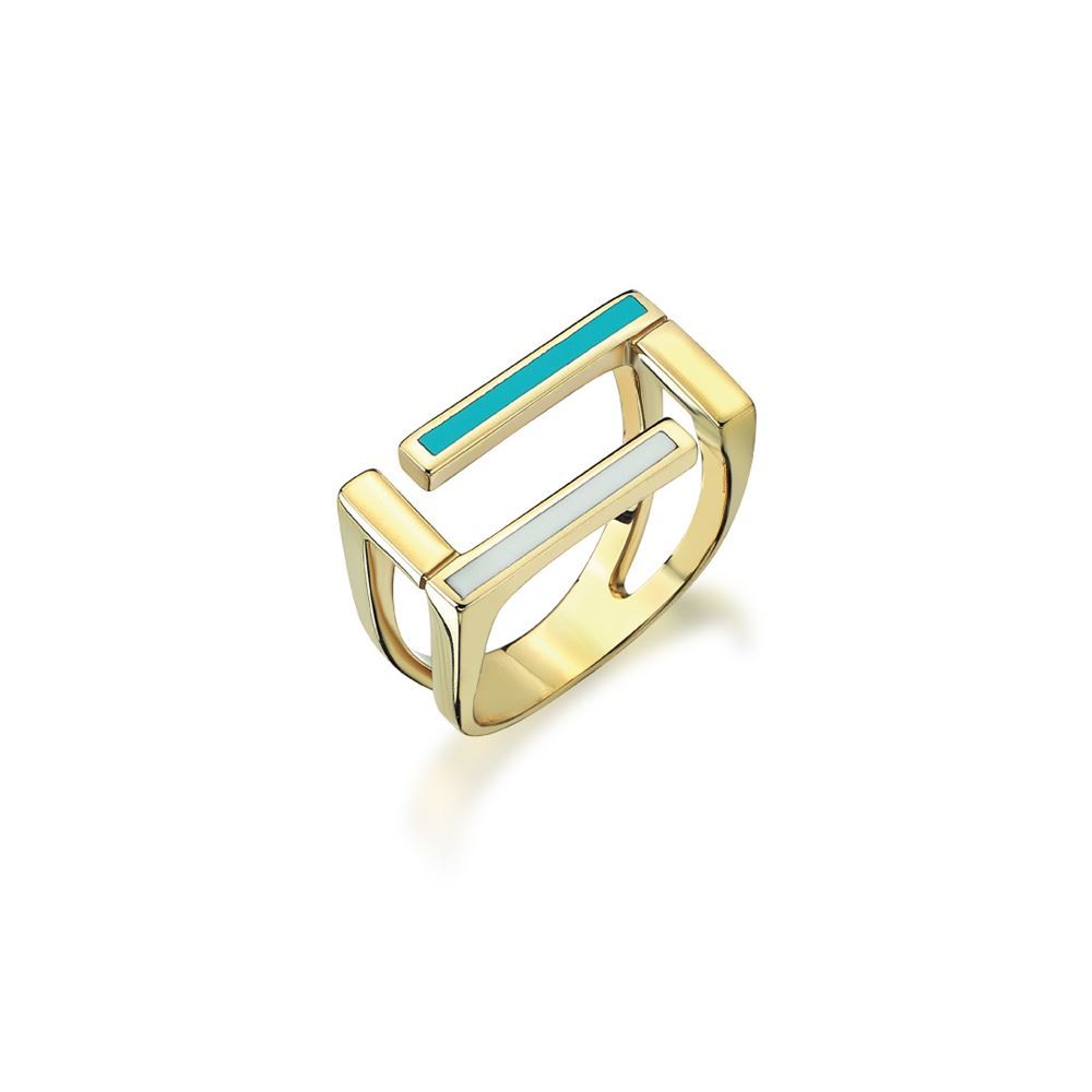 Sarı Altın Turkuaz-Beyaz Mineli Minima Yüzük